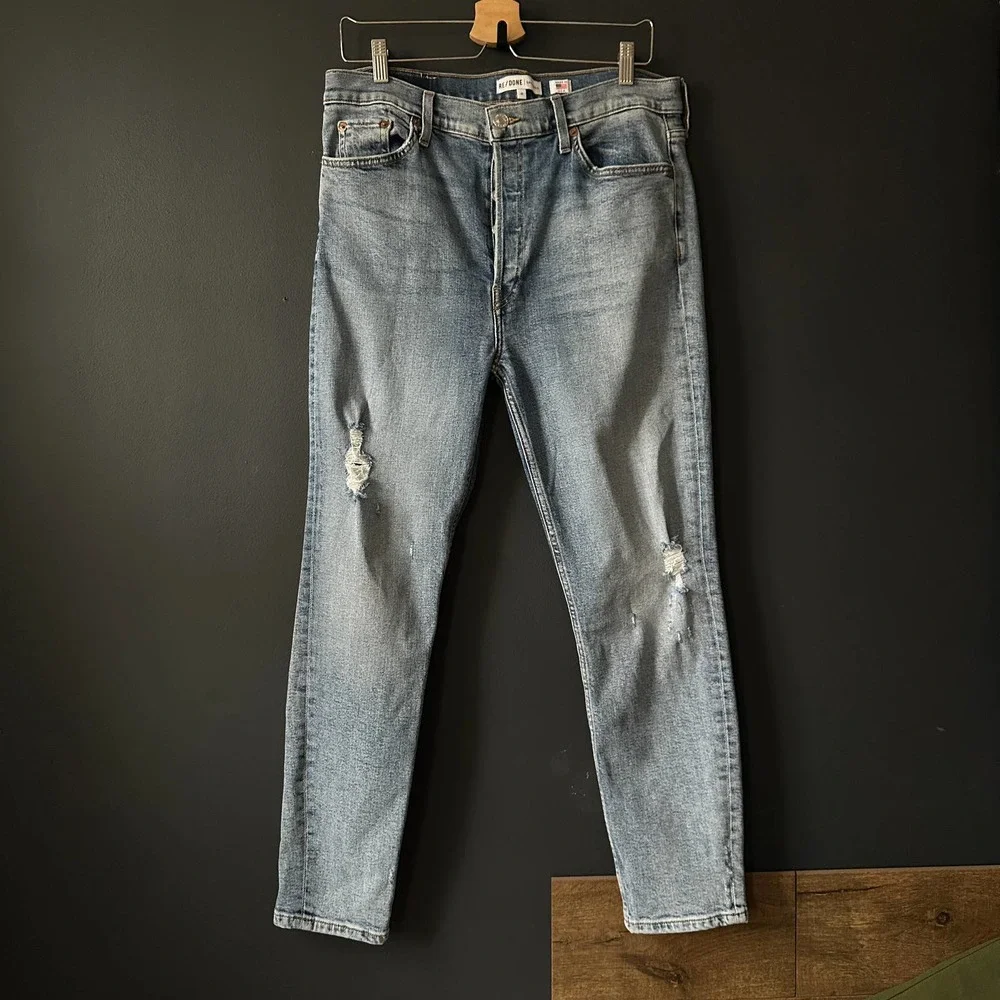 RE/DONE High Rise Ankle Crop Skinny Denim Jeans Blue Distressed Size 31